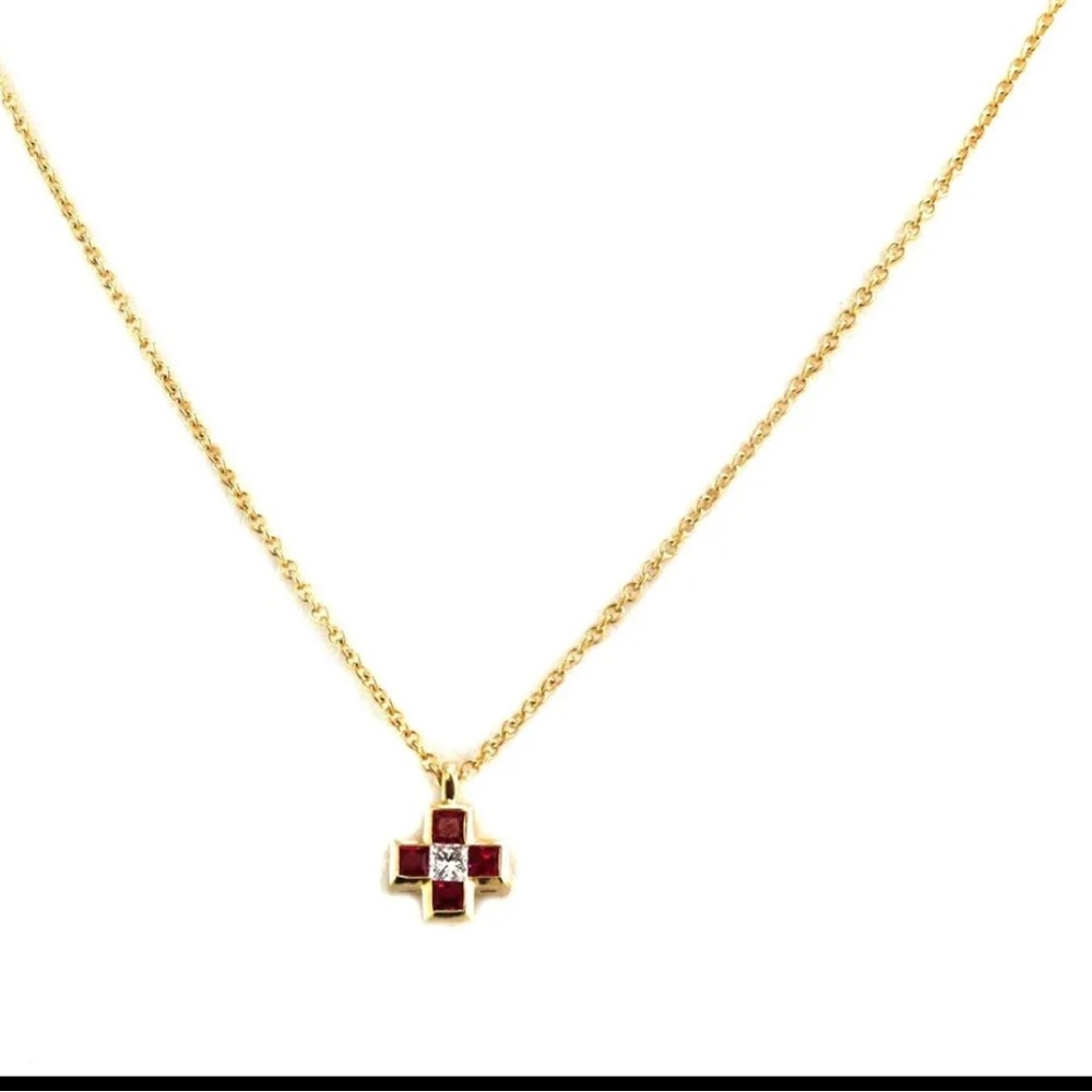 Tiffany & Co. Diamond Ruby 18k Yellow Gold Mini Cruciform Pendant & Chain